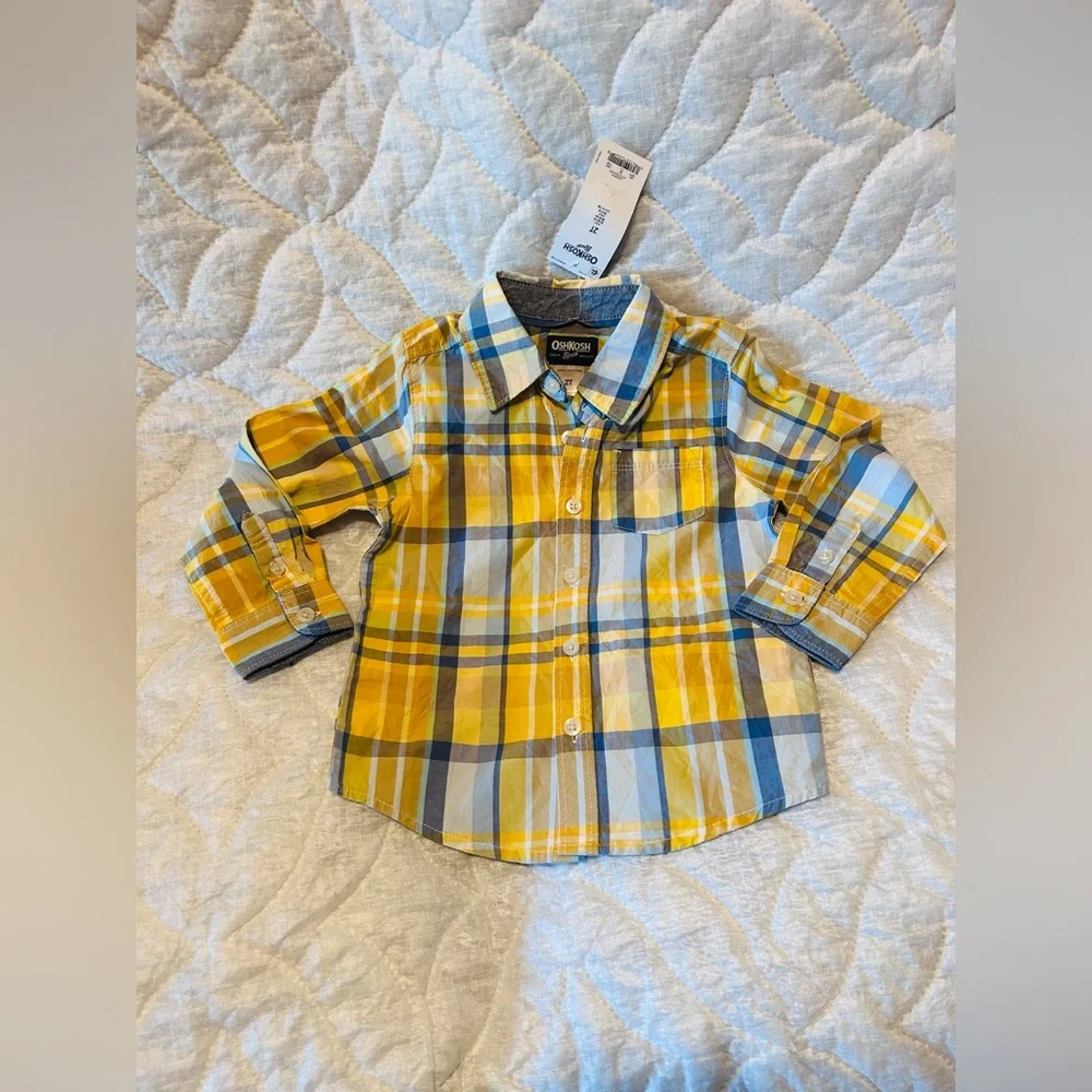 OshKosh B'gosh Kids Blue and Yellow Plaid Shirt, Long Sleeve.Size 2T.